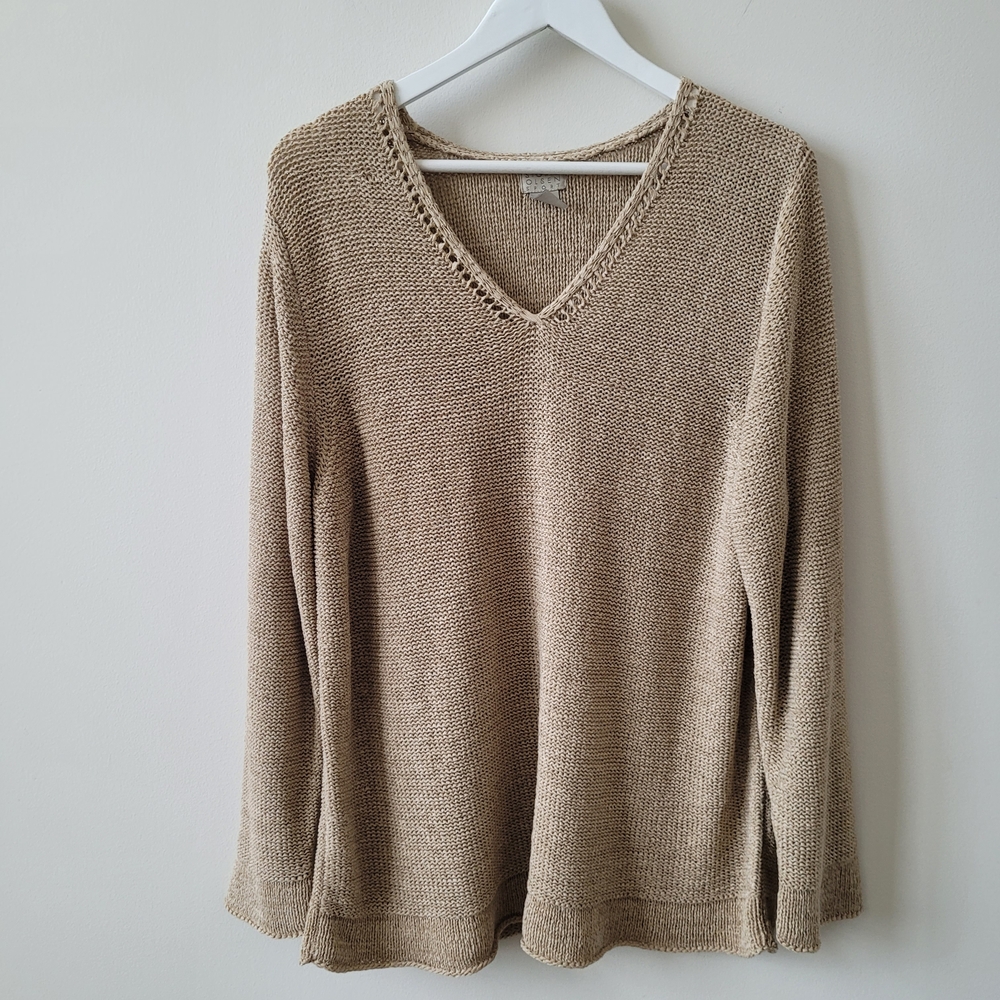 Sigrid Olsen Sport Oatmeal Tan V-Neck Stretch Crocheted Sweater Size XL